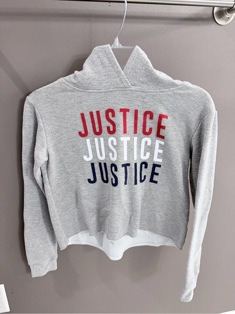 Justice Heather Gray Hoodie with Red, White & Navy Logo